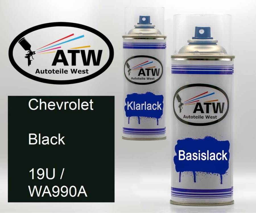 Chevrolet, Black, 19U / WA990A: 400ml Sprühdose + 400ml Klarlack - Set, von ATW Autoteile West.